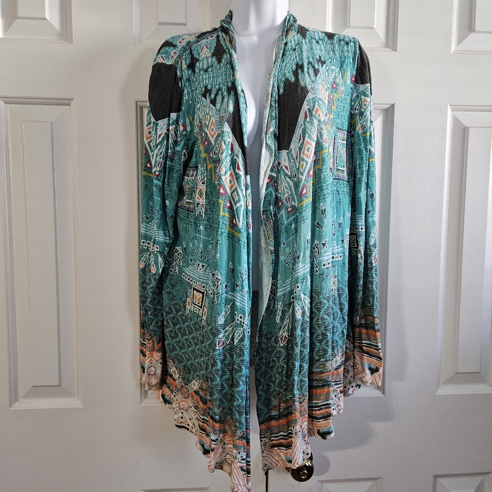 IVKO Woman Cardigan Serbia Aqua Print 2XL 3XL Open Boho Draped Western Aztec 44